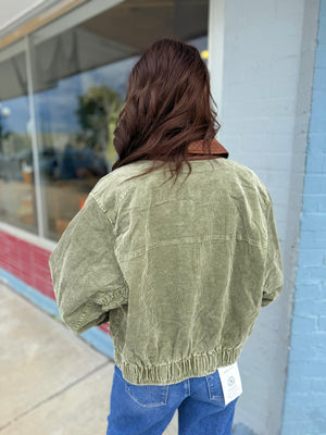 J.NNA Olive Mineral Wash Corduroy Bomber Jacket w/ Faux Leather Collar