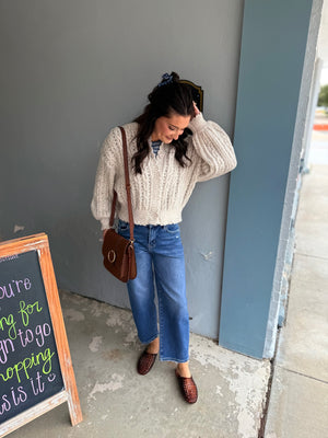 Blu Pepper Oatmeal Eyelet Cable Knit Scallop Hem Cardigan