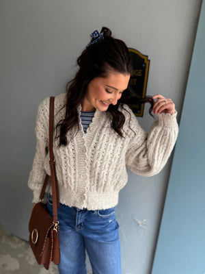 Blu Pepper Oatmeal Eyelet Cable Knit Scallop Hem Cardigan