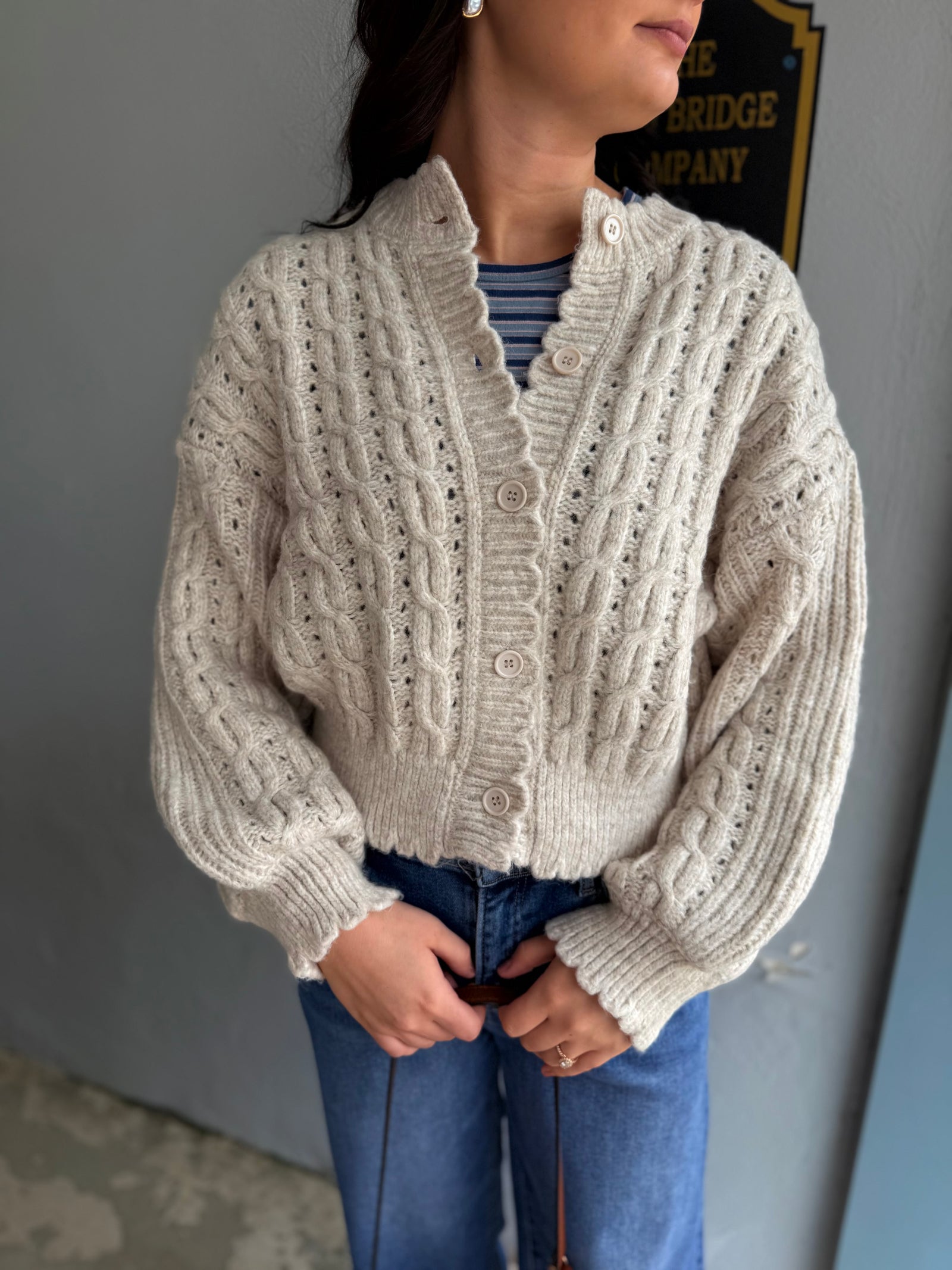 Blu Pepper Oatmeal Eyelet Cable Knit Scallop Hem Cardigan