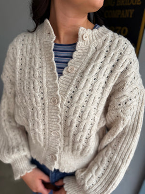 Blu Pepper Oatmeal Eyelet Cable Knit Scallop Hem Cardigan