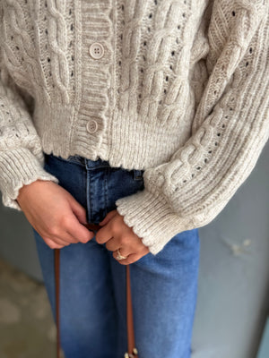 Blu Pepper Oatmeal Eyelet Cable Knit Scallop Hem Cardigan