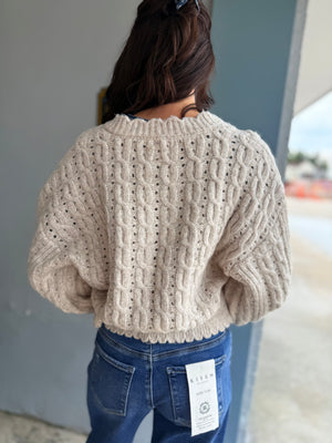 Blu Pepper Oatmeal Eyelet Cable Knit Scallop Hem Cardigan