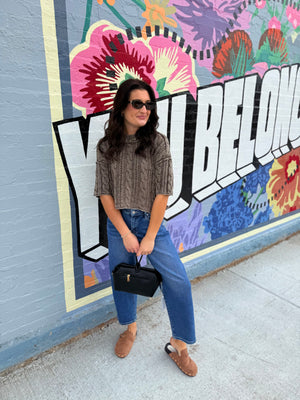 Blu Pepper Brown Washed Quarter Sleeve Cable Knit Top