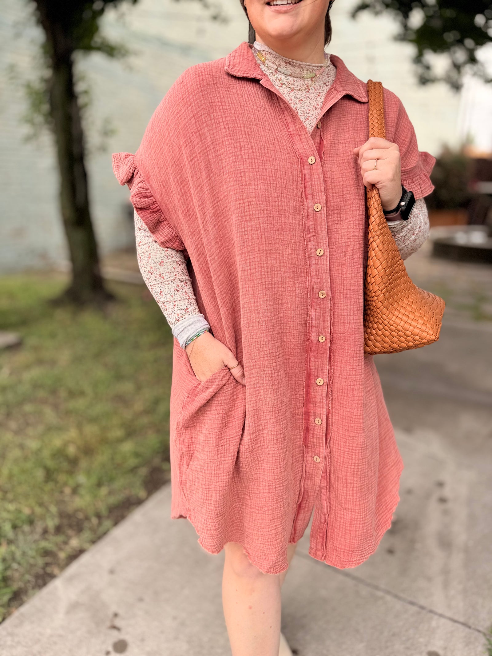 Brick Mineral Wash Cotton Gauze Midi Dress