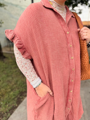 Brick Mineral Wash Cotton Gauze Midi Dress
