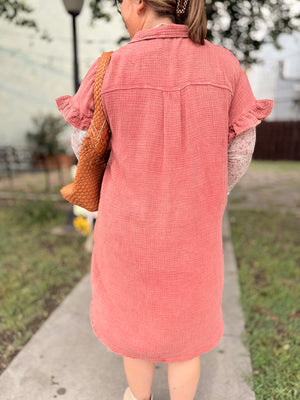 Brick Mineral Wash Cotton Gauze Midi Dress