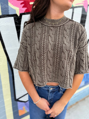 Blu Pepper Brown Washed Quarter Sleeve Cable Knit Top