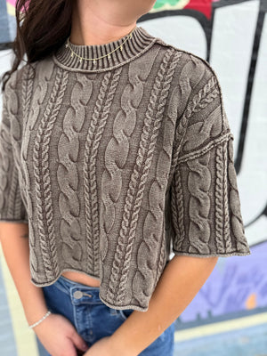 Blu Pepper Brown Washed Quarter Sleeve Cable Knit Top