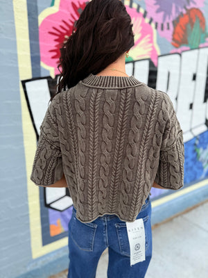 Blu Pepper Brown Washed Quarter Sleeve Cable Knit Top