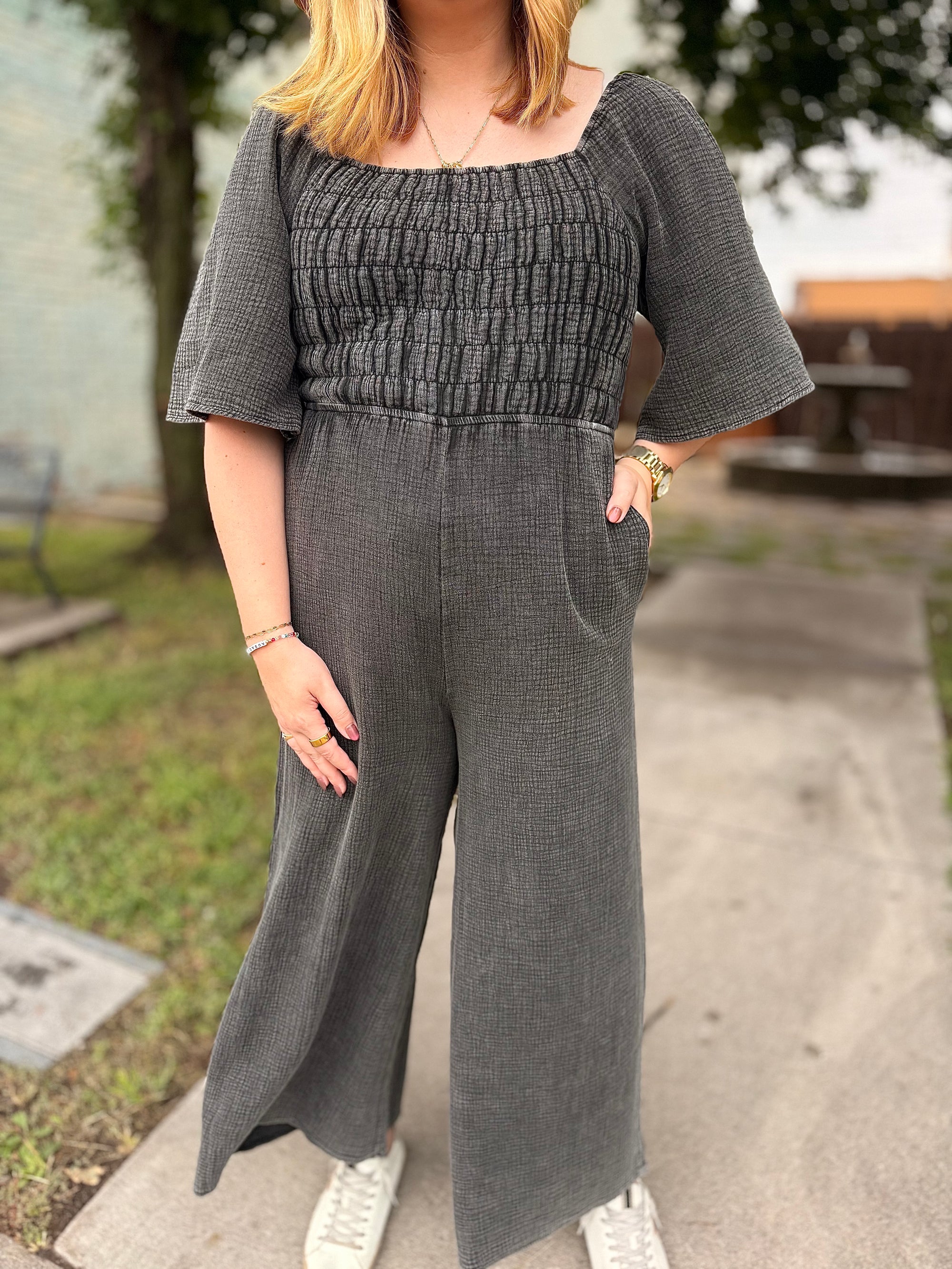 Black Mineral Wash Cotton Gauze Jumpsuit