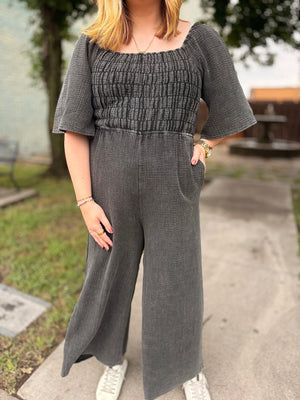 Black Mineral Wash Cotton Gauze Jumpsuit