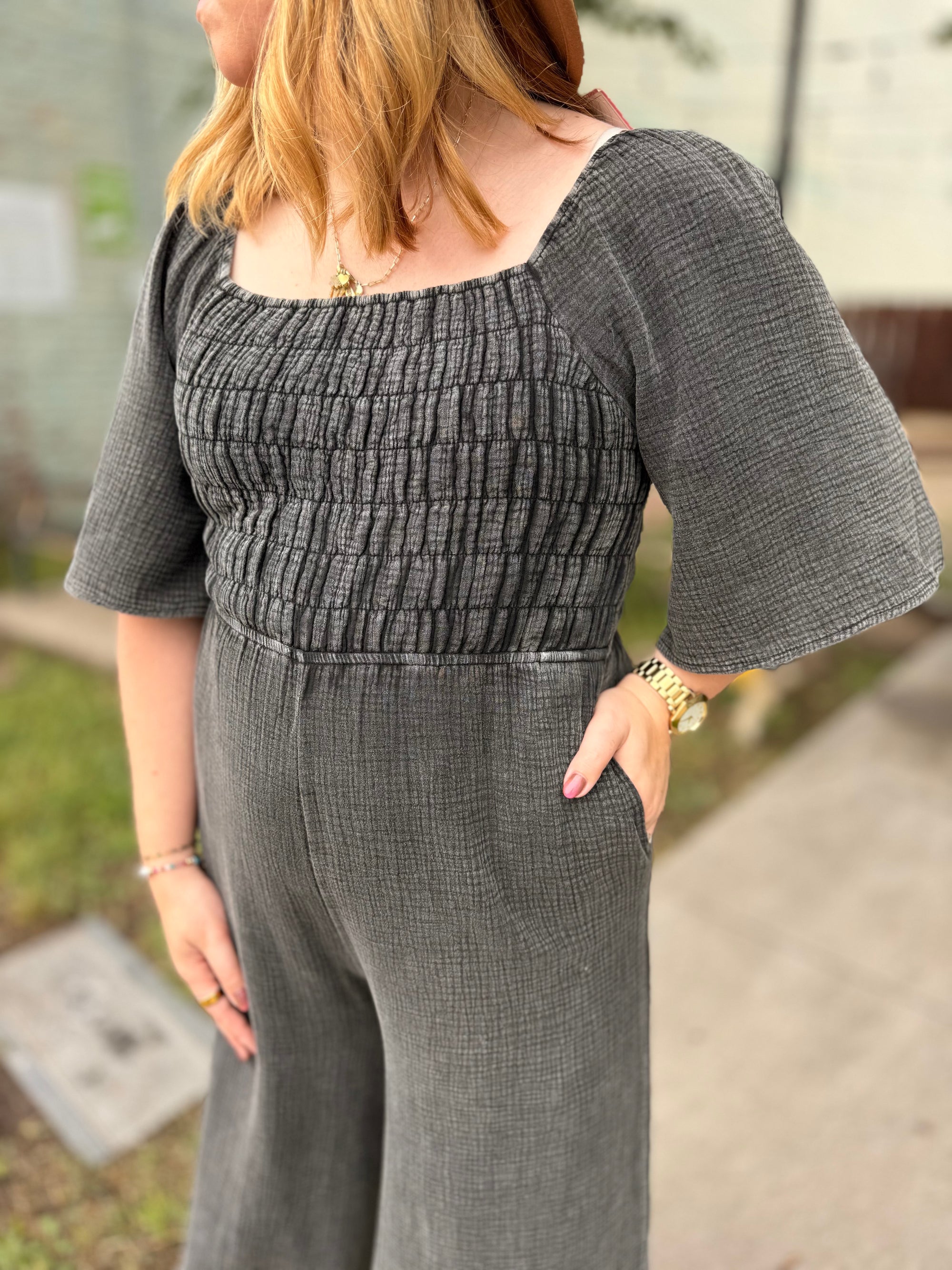 Black Mineral Wash Cotton Gauze Jumpsuit