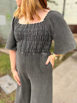 Black Mineral Wash Cotton Gauze Jumpsuit