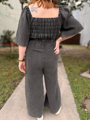 Black Mineral Wash Cotton Gauze Jumpsuit