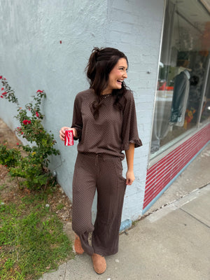 Umgee Brown Polka Dot Straight Leg Pant