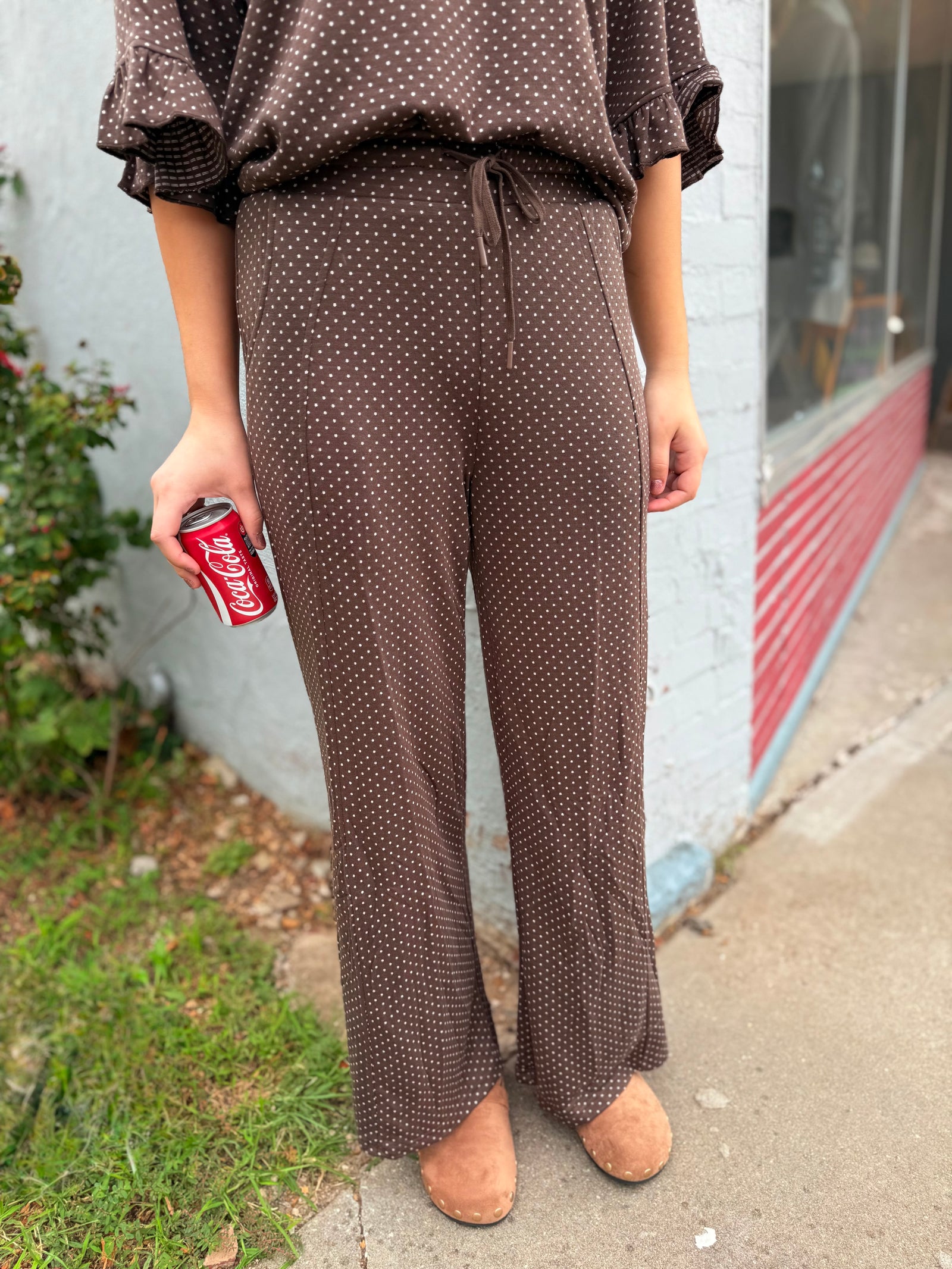 Umgee Brown Polka Dot Straight Leg Pant