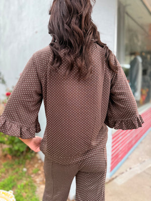 Umgee Brown Polka Dot Knit Top w/ Ruffled Sleeve
