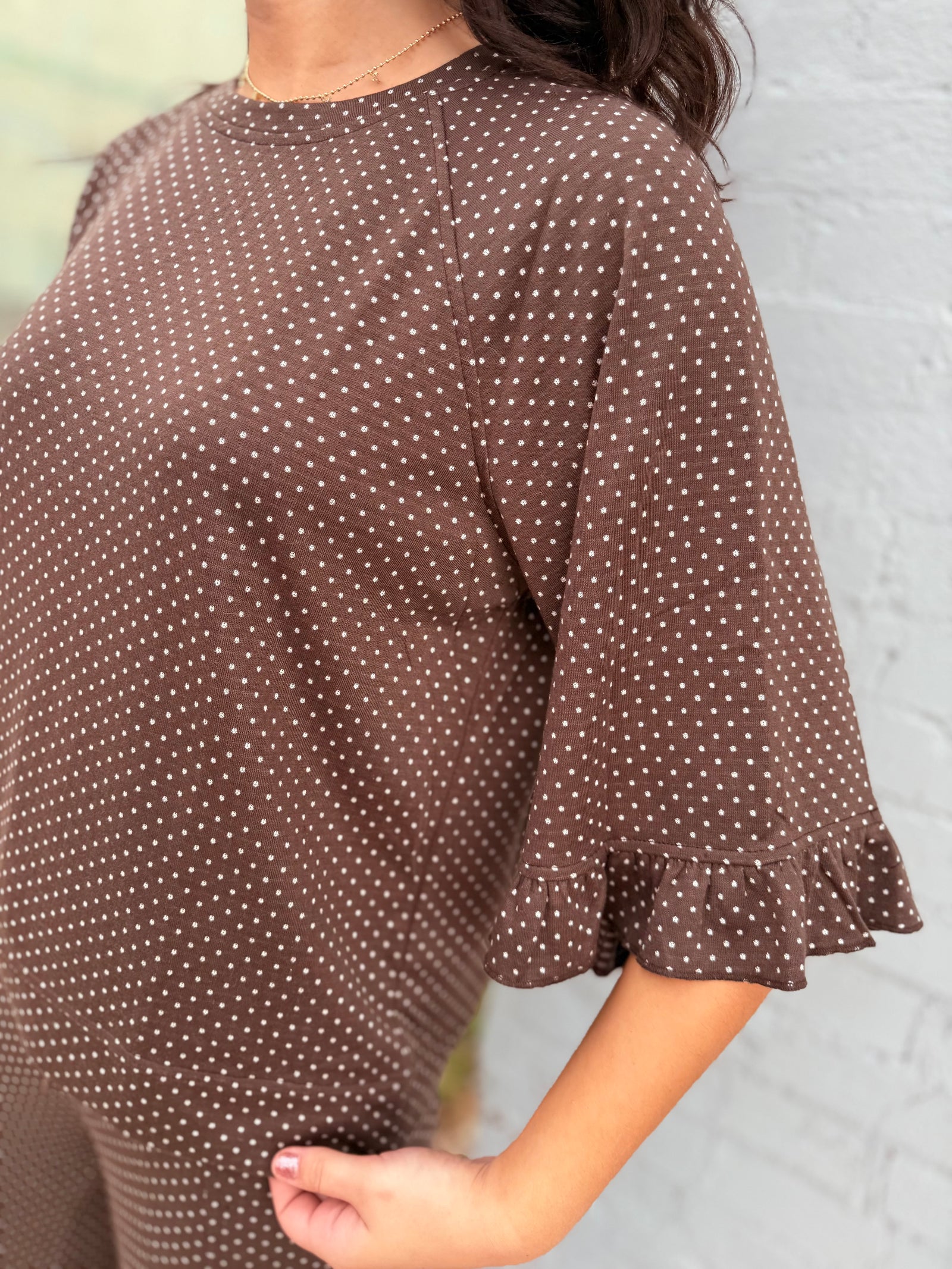 Umgee Brown Polka Dot Knit Top w/ Ruffled Sleeve