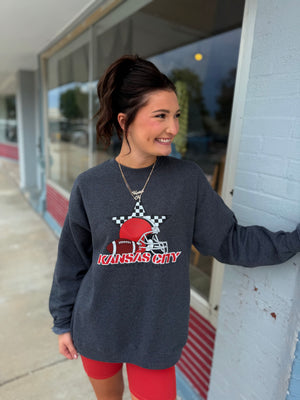 Checkered Kansas City Chiefs Football Charcoal Crewneck