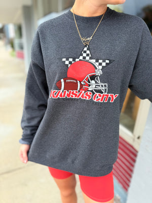 Checkered Kansas City Chiefs Football Charcoal Crewneck