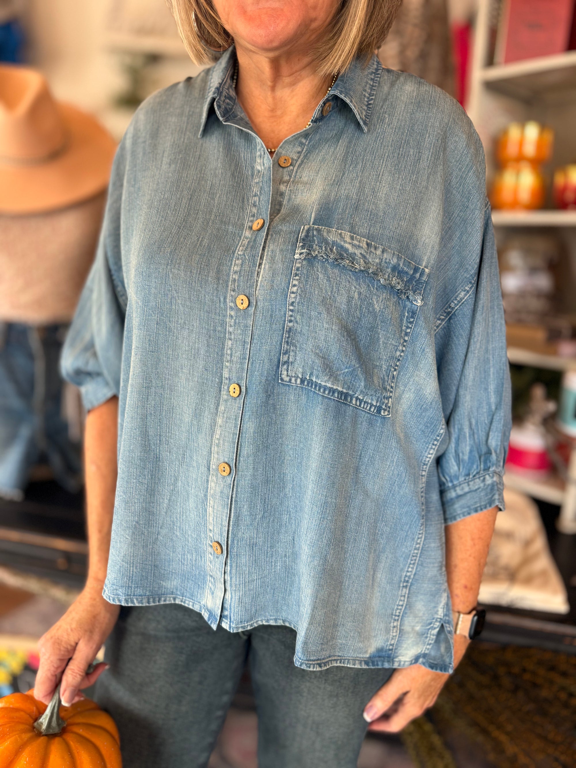 Washed Chambray Button Down Top