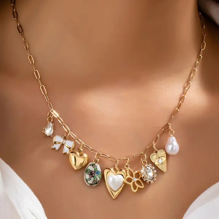 Heart, Bow & Pearl Dangle Charm Necklace