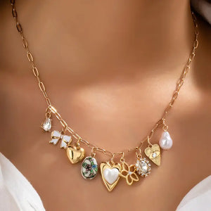 Heart, Bow & Pearl Dangle Charm Necklace