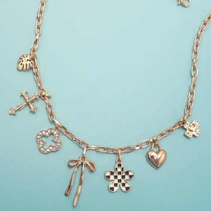 Charm Necklace - Bow + Heart + Check