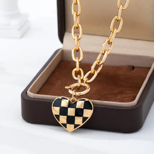 Gold Checkered Heart Toggle Necklace