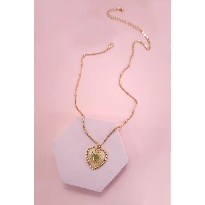 Pressed Flower Gold Heart Necklace