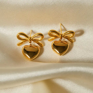 Gold Bow + Heart Earrings