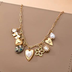 Heart, Bow & Pearl Dangle Charm Necklace