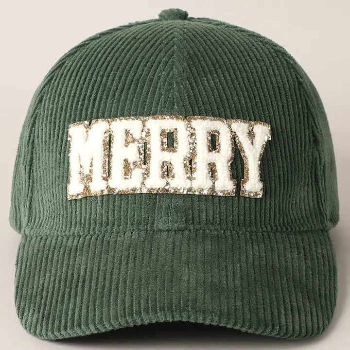 Green MERRY Embroidery Patch Corduroy Ball Cap