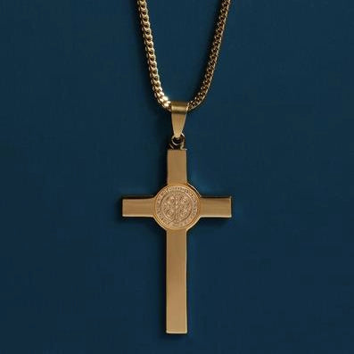 Mens St. Benedict Gold Cross Necklace