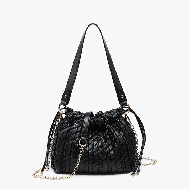Ruched Drawstring Woven Satchel - Black