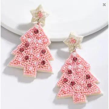 Pink Christmas Tree Beaded Earrings