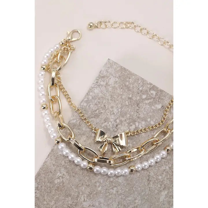 Gold Bow + Pearl Link Trio Set Bracelets
