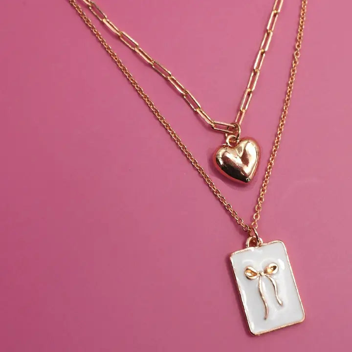 Square Bow Epoxy Charm Layered Necklace