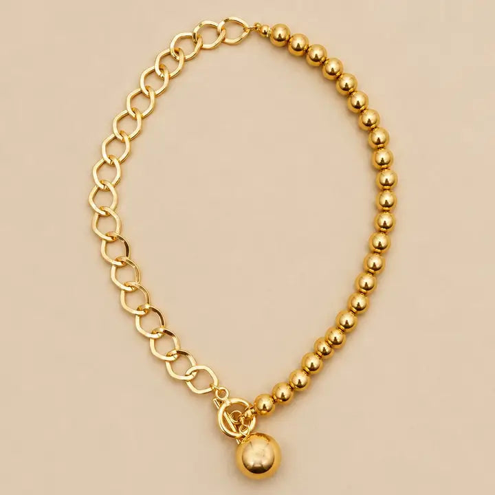 Gold Link & Round Bead Pendant Necklace