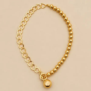 Gold Link & Round Bead Pendant Necklace