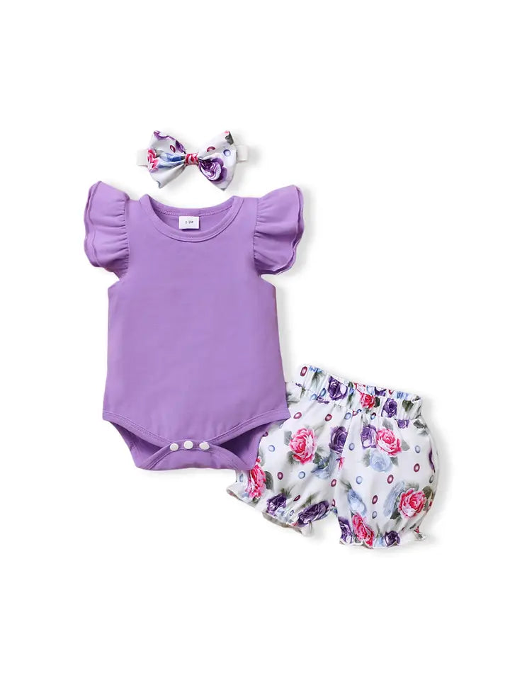 Baby Girl Romper + Floral Short Set w/ Bow