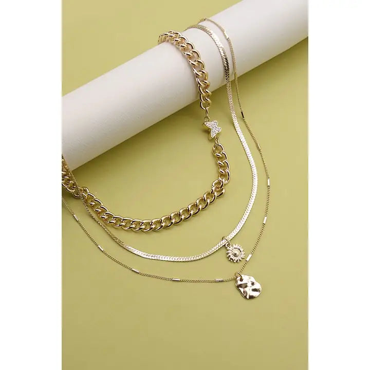 Gold Butterfly Flower Charm Multilayer Necklace