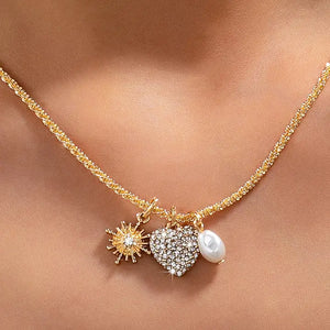 Gold Celestial Heart & Pearl Charm Necklace