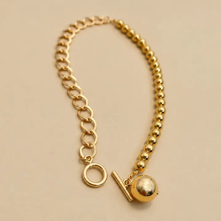 Gold Link & Round Bead Pendant Necklace