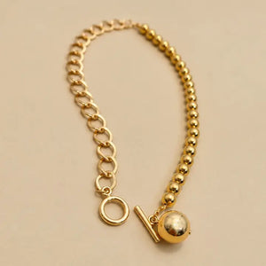 Gold Link & Round Bead Pendant Necklace