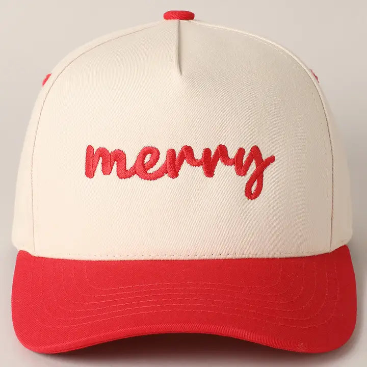 Red + White Merry Text Embroidered Baseball Cap