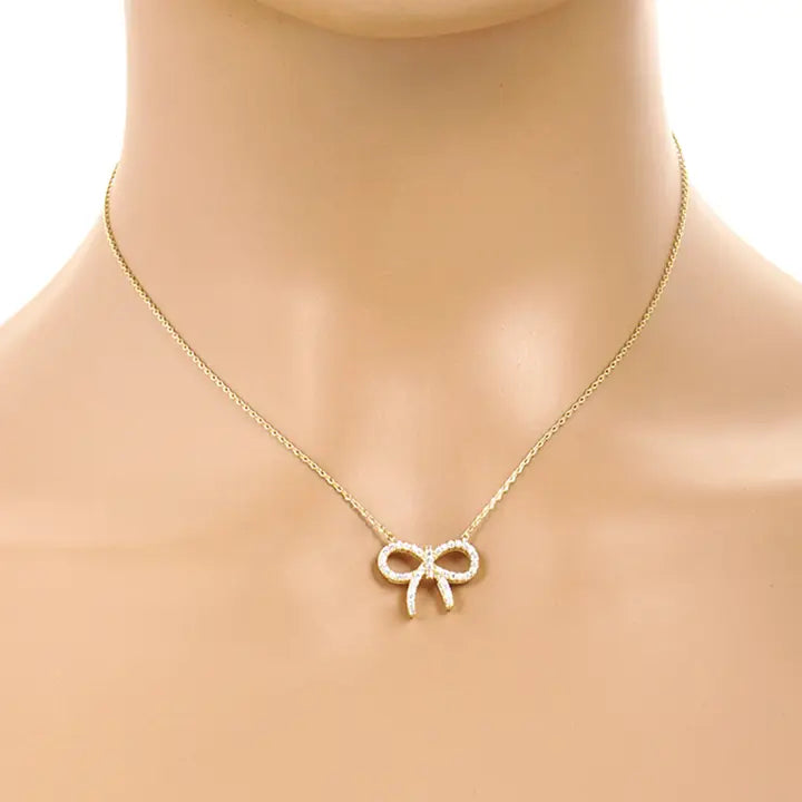 Cz Gold-Dipped Bow Rhinestone Necklace