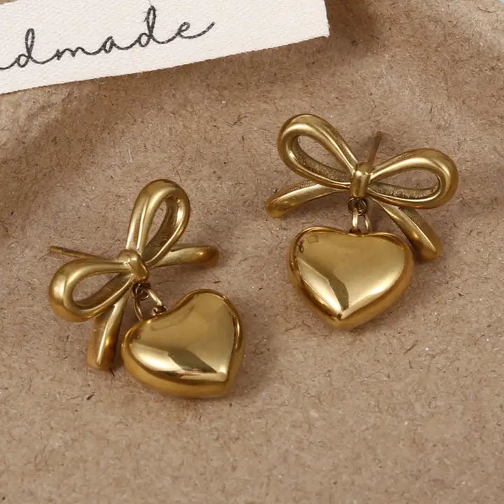 Gold Bow + Heart Earrings