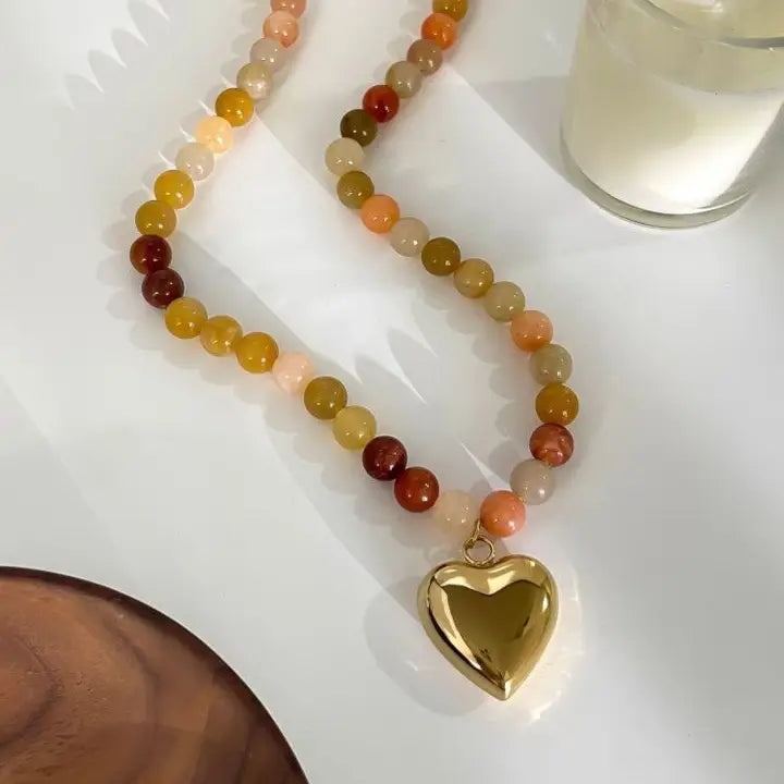 Earthy Natural Stone Heart Charm Necklace